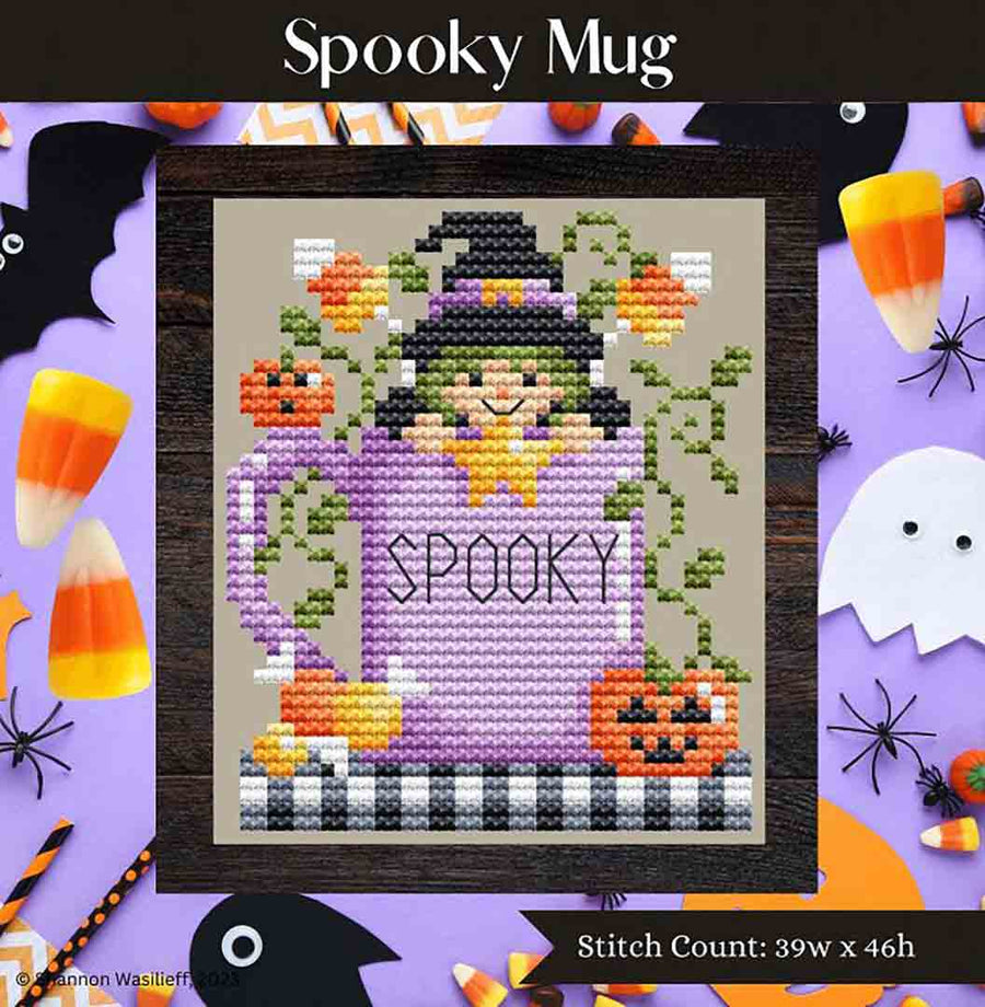 A stitched preview of the counted cross stitch pattern Spooky Mug by Shannon Christine Designs