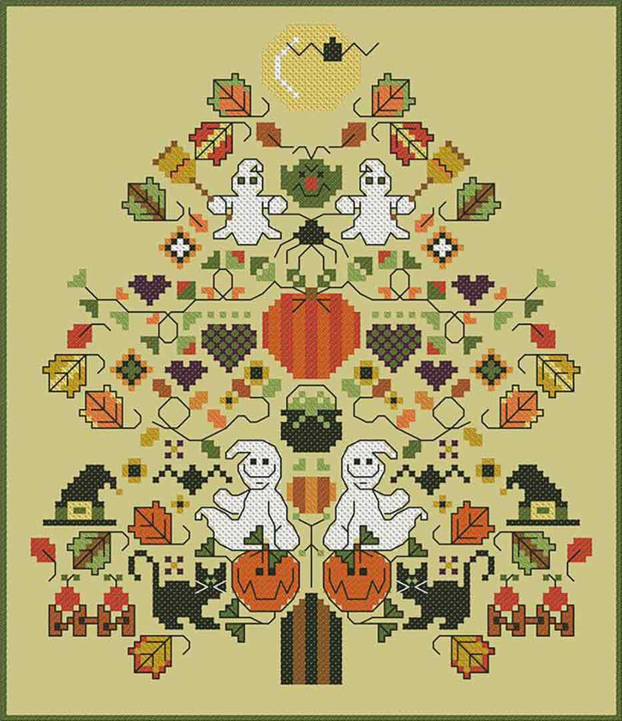 A stitched preview of the counted cross stitch pattern Spooky Spruce by Carolyn Manning Designs