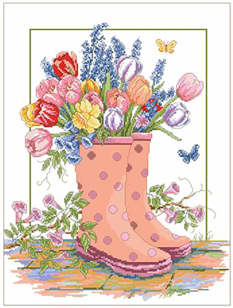 A stitched preview of the counted cross stitch pattern Spring Floral Rainboots by Kooler Design Studio