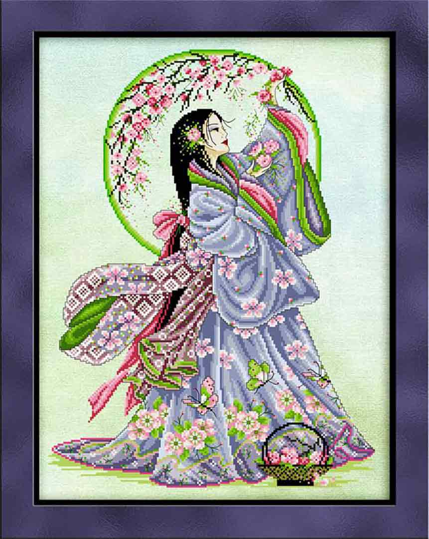 A stitched preview of the counted cross stitch pattern Springtime Geisha by Joan A Elliott