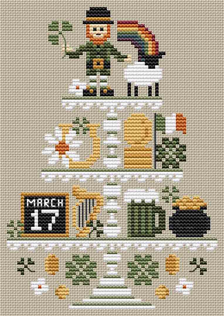 A stitched preview of the counted cross stitch pattern St. Patrick's Tier by Erin Elizabeth Designs