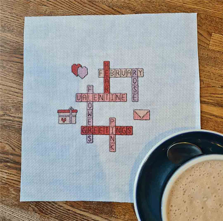 A stitched preview of the counted cross stitch pattern St. Valentine's Day Crossword by Kate Spiridonova