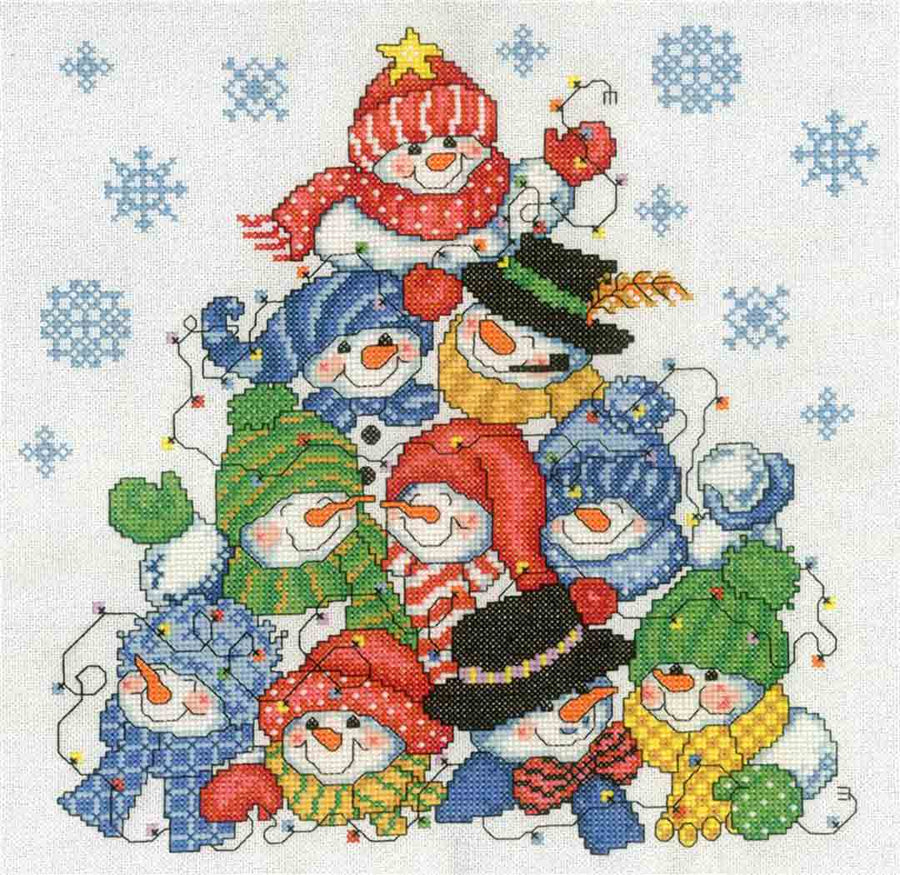 A stitched preview of the counted cross stitch pattern Stacking Snowman by Ursula Michael