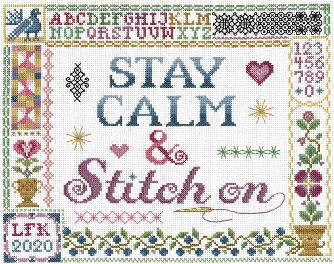 A stitched preview of the counted cross stitch pattern Stay Calm And Stitch On by Sandra Cozzolino