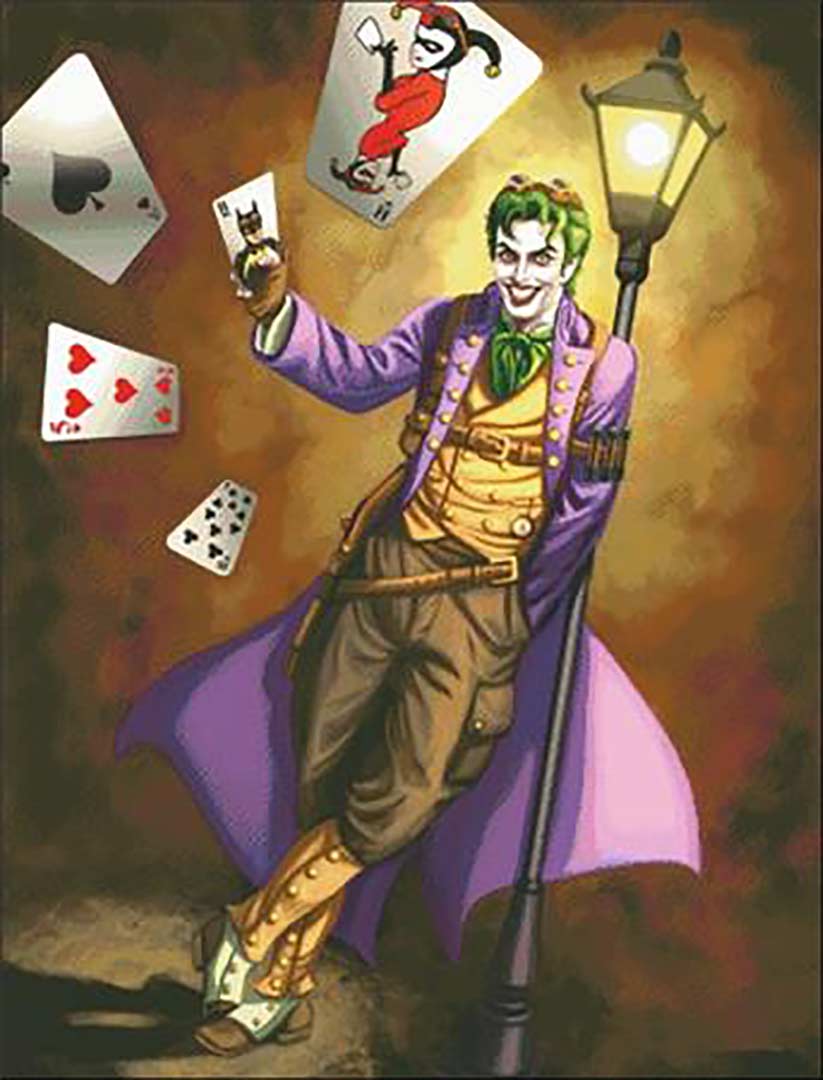 A stitched preview of the counted cross stitch pattern Steampunk Joker by Charting Creations