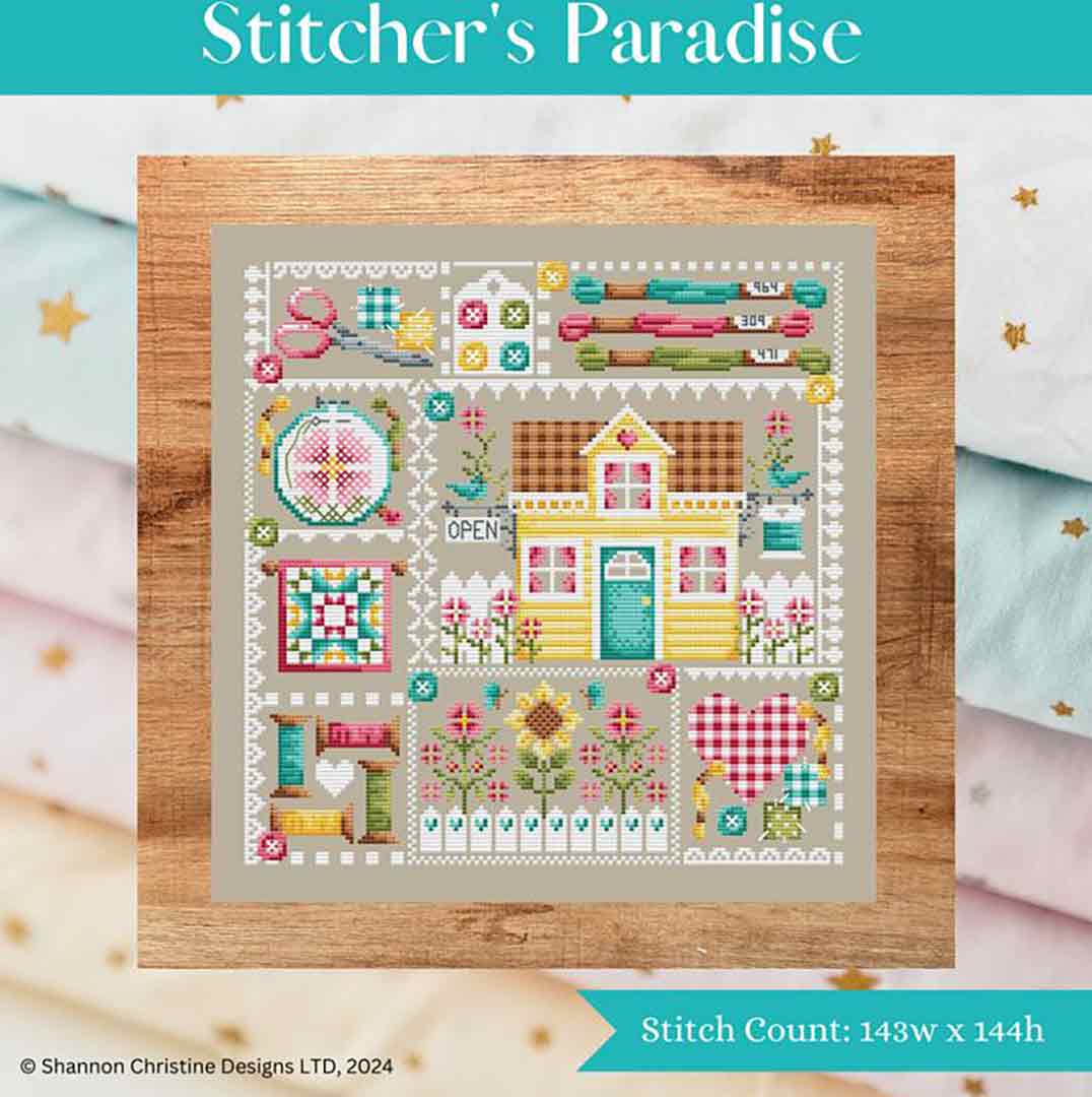 A stitched preview of the counted cross stitch pattern Stitcher's Paradise by Shannon Christine Designs
