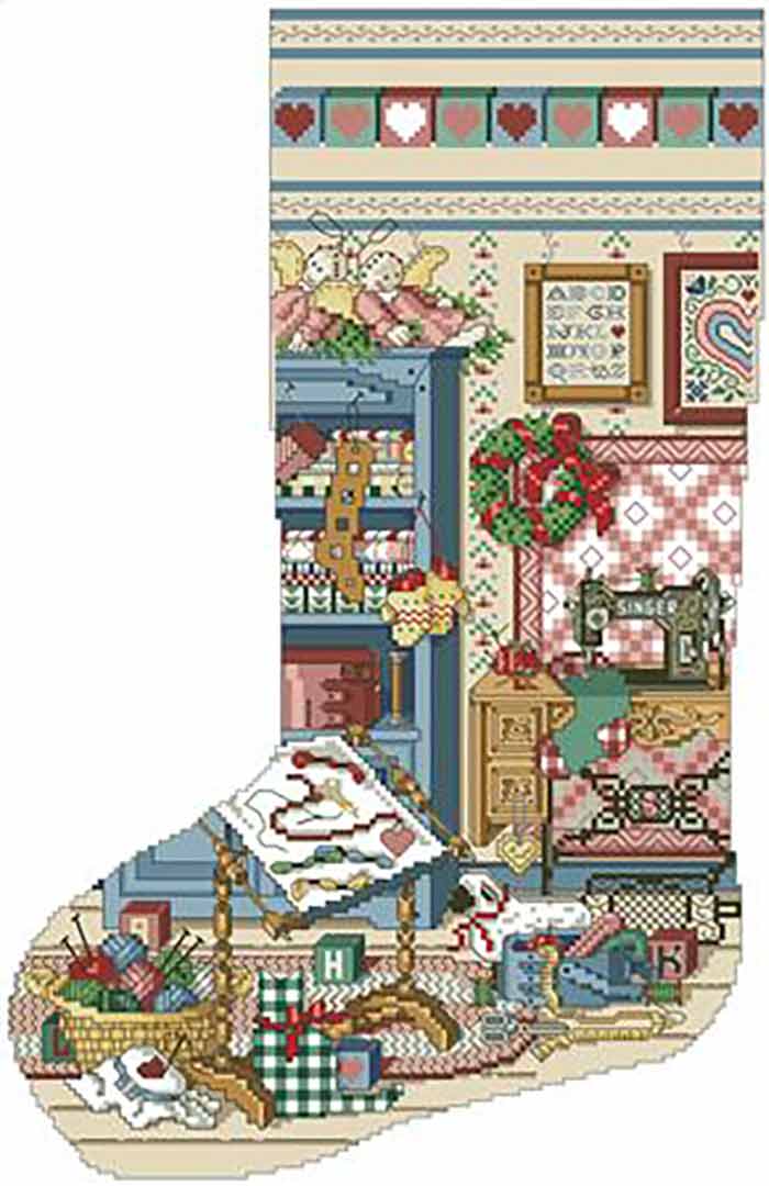 A stitched preview of the counted cross stitch pattern Stitcher's Studio Heirloom Stocking by Kooler Design Studio
