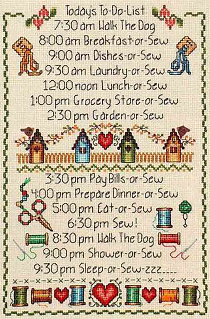 A stitched preview of the counted cross stitch pattern Stitcher's To Do List by Janis Lockhart