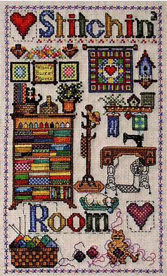 A stitched preview of the counted cross stitch pattern Stitchin' Room by Janis Lockhart