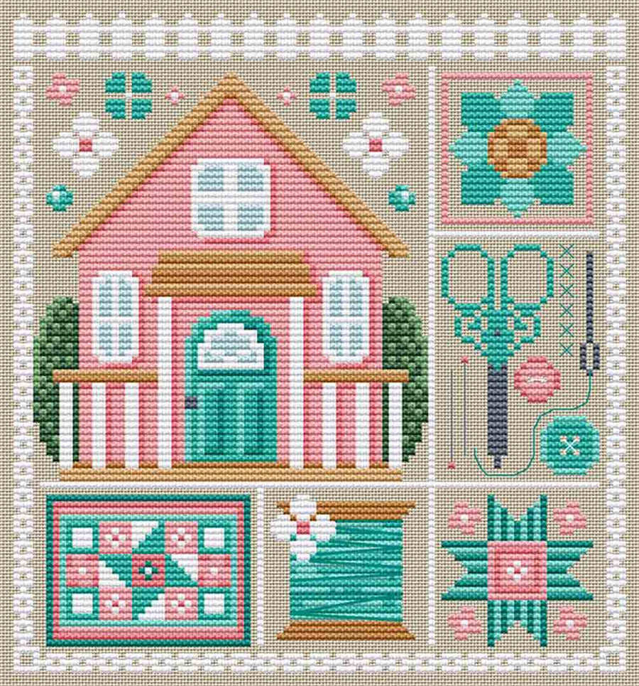 A stitched preview of the counted cross stitch pattern Stitchy Shed by Erin Elizabeth Designs