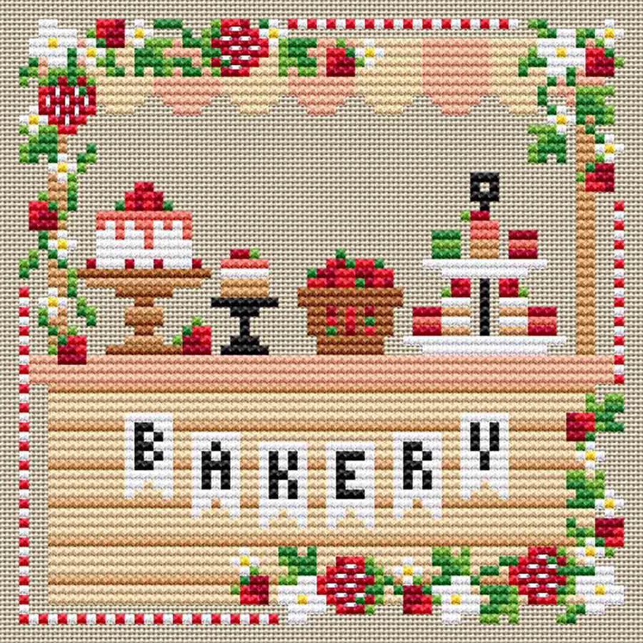A stitched preview of the counted cross stitch pattern Strawberry Bakery by Erin Elizabeth Designs