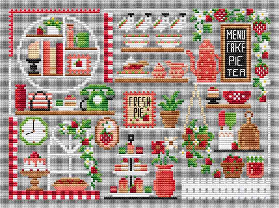 A stitched preview of the counted cross stitch pattern Strawberry Cafe by Erin Elizabeth Designs