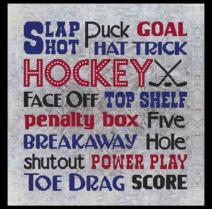 A stitched preview of the counted cross stitch pattern Subway Art - Sports - Hockey by Marcia Manning