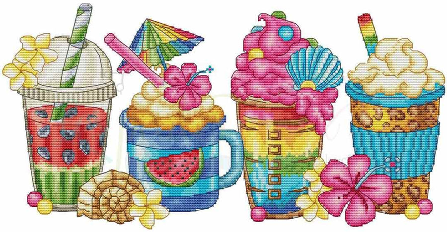 A stitched preview of the counted cross stitch pattern Summer Coffees by Les Petites Croix De Lucie