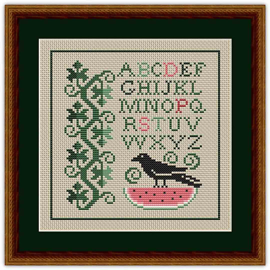 A stitched preview of the counted cross stitch pattern Summer Crow And Watermelon by Happiness Is Heartmade