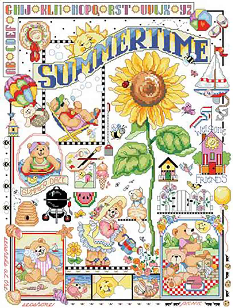 A stitched preview of the counted cross stitch pattern Summer Daze Sampler by Kooler Design Studio