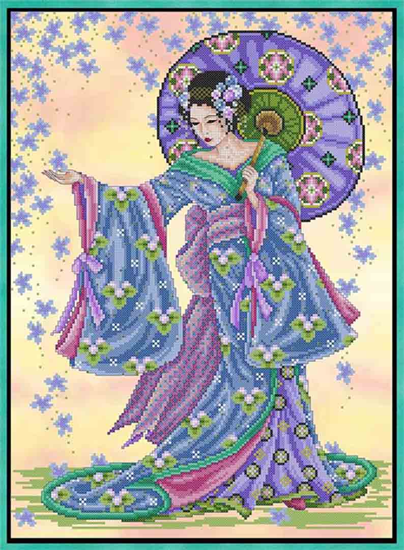 A stitched preview of the counted cross stitch pattern Summer Geisha by Joan A Elliott