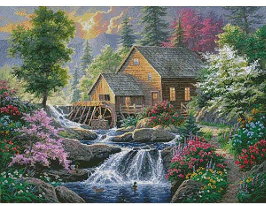 A stitched preview of the counted cross stitch pattern Summertime Mill by Artecy Cross Stitch