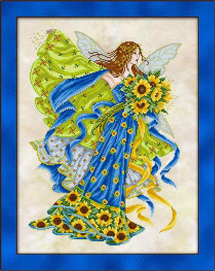 A stitched preview of the counted cross stitch pattern Sunflower Fairy by Joan A Elliott