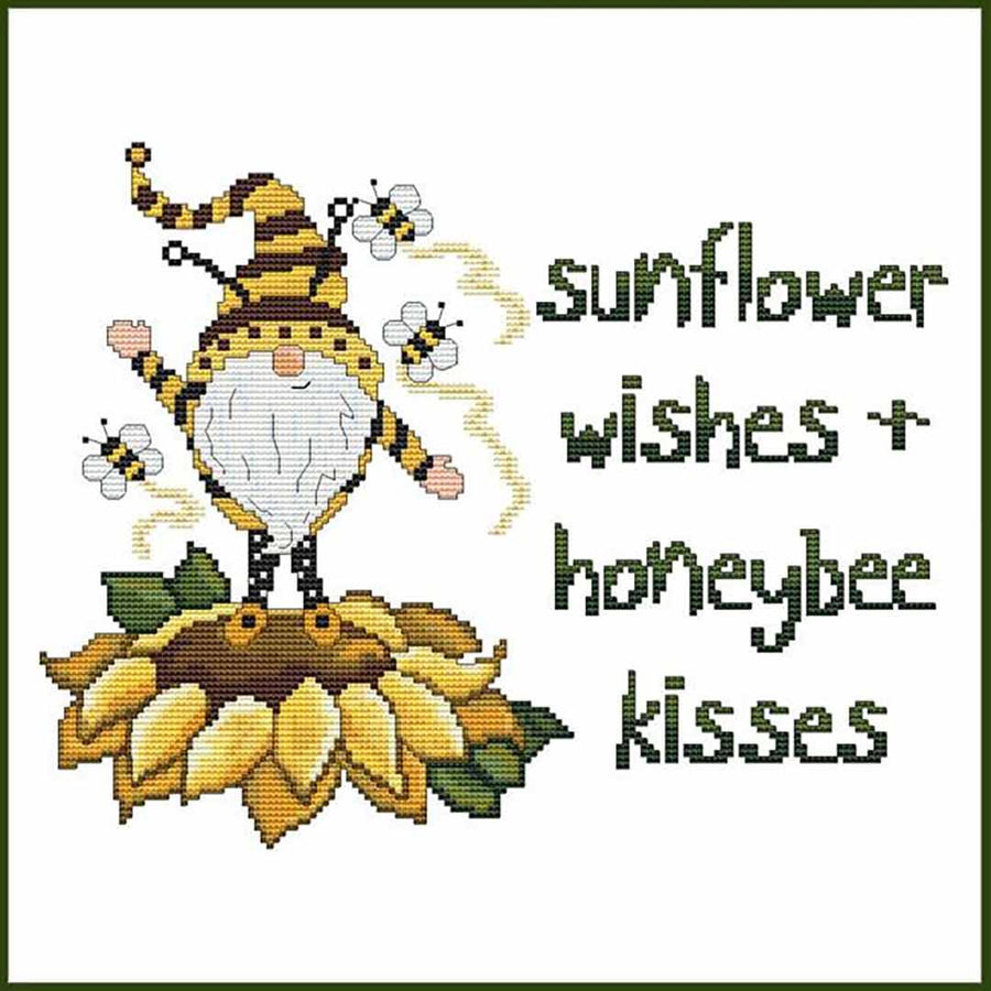 A stitched preview of the counted cross stitch pattern Sunflower Wishes And Honeybee Kisses Gnome by Marcia Manning