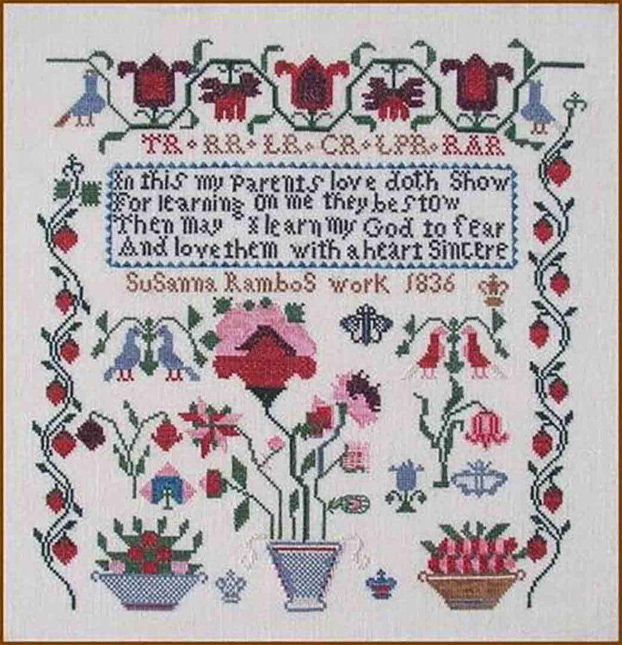 A stitched preview of the counted cross stitch pattern Susanna Rambo 1836 Sampler by Janis Lockhart