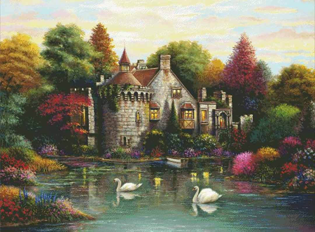 A stitched preview of the counted cross stitch pattern Swan Castle by Charting Creations