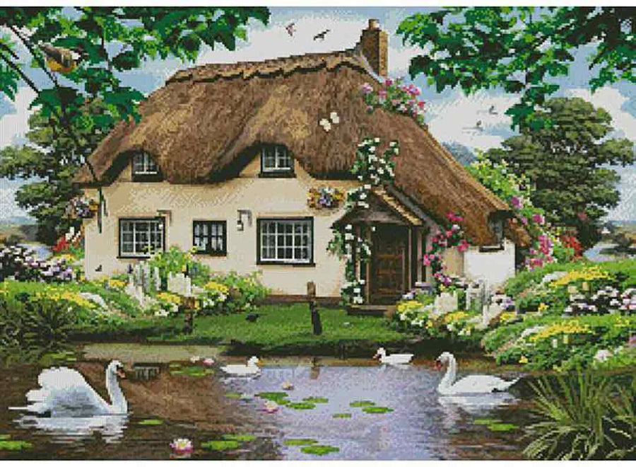 A stitched preview of the counted cross stitch pattern Swan Cottage by Artecy Cross Stitch
