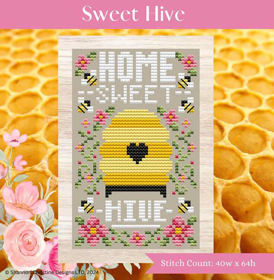 A stitched preview of the counted cross stitch pattern Sweet Hive by Shannon Christine Designs