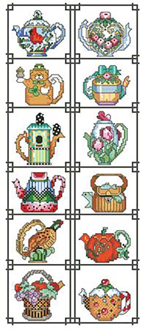 A stitched preview of the counted cross stitch pattern Teapot Of The Month Sampler by Kooler Design Studio