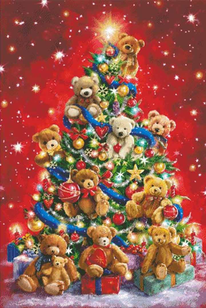A stitched preview of the counted cross stitch pattern Teddy Bear Tree by Charting Creations