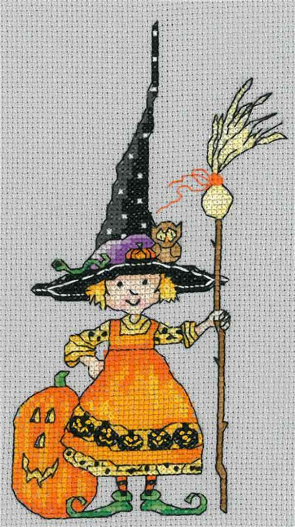 A stitched preview of the counted cross stitch pattern Teeny Witch by Mary Engelbreit