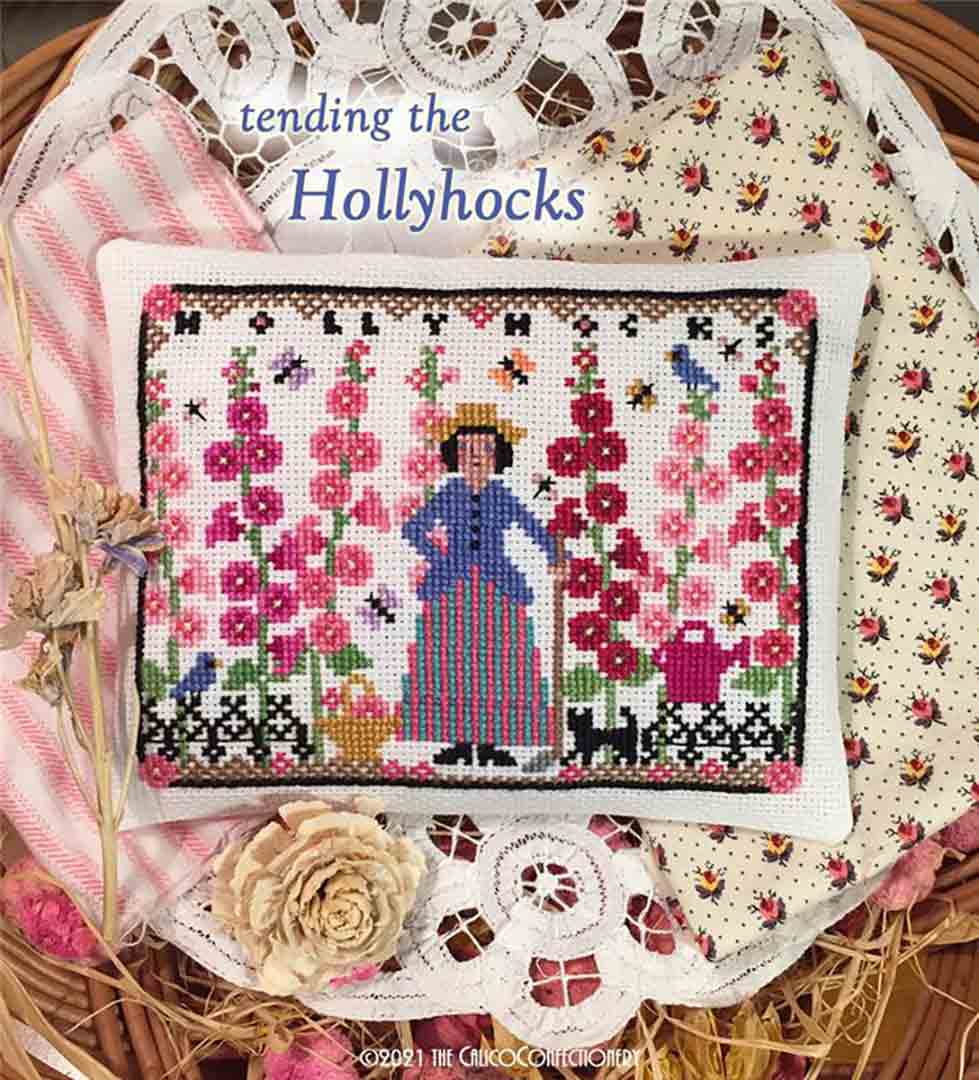 A stitched preview of the counted cross stitch pattern Tending The Hollyhocks by The Calico Confectionery