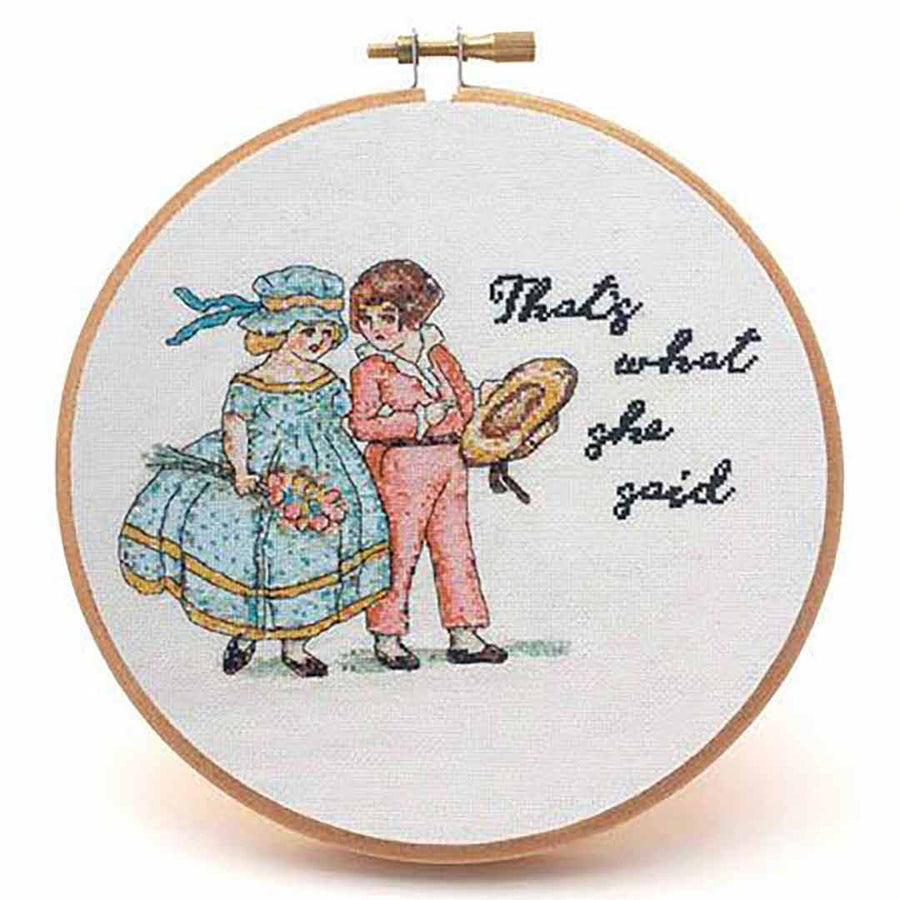 A stitched preview of the counted cross stitch pattern That's What She Said by Peacock & Fig