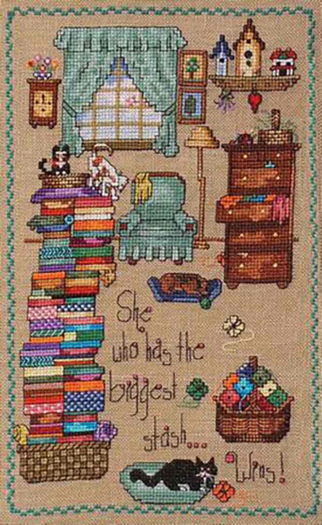 A stitched preview of the counted cross stitch pattern The Biggest Stash by Janis Lockhart