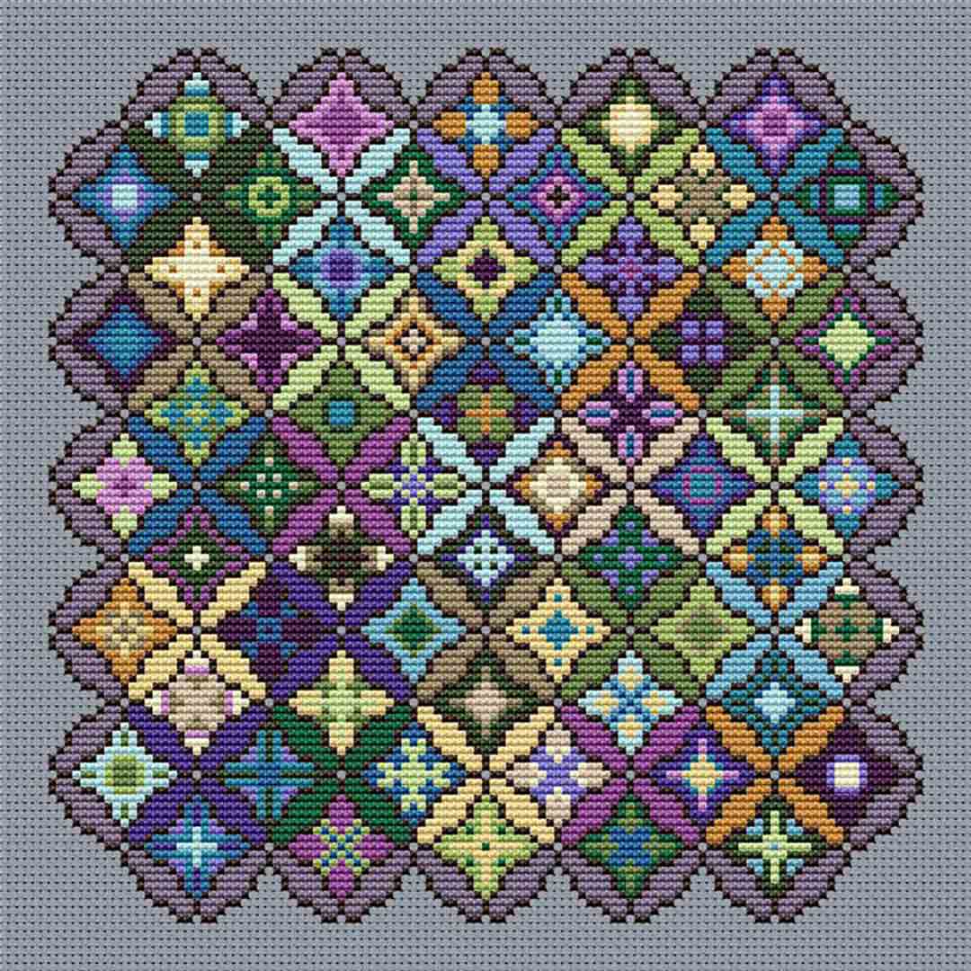 A stitched preview of the counted cross stitch pattern The Dollhouse Window by Carolyn Manning Designs