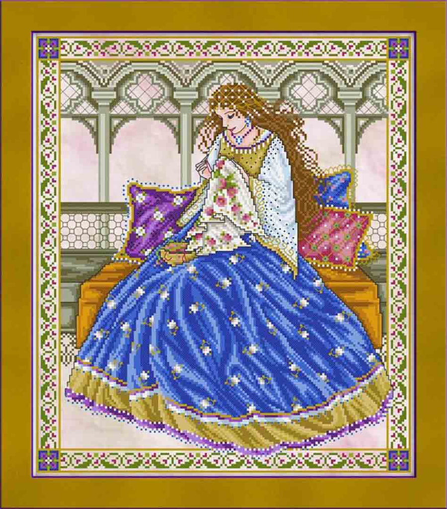 A stitched preview of the counted cross stitch pattern The Embroideress by Joan A Elliott