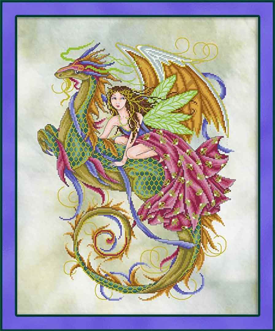 A stitched preview of the counted cross stitch pattern The Fairy & The Dragon by Joan A Elliott