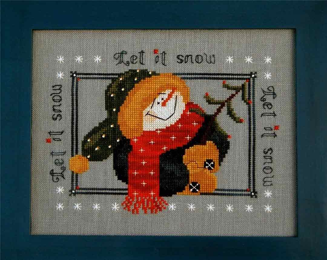 A stitched preview of the counted cross stitch pattern The Happy Snowman by Prairie Grove Peddler