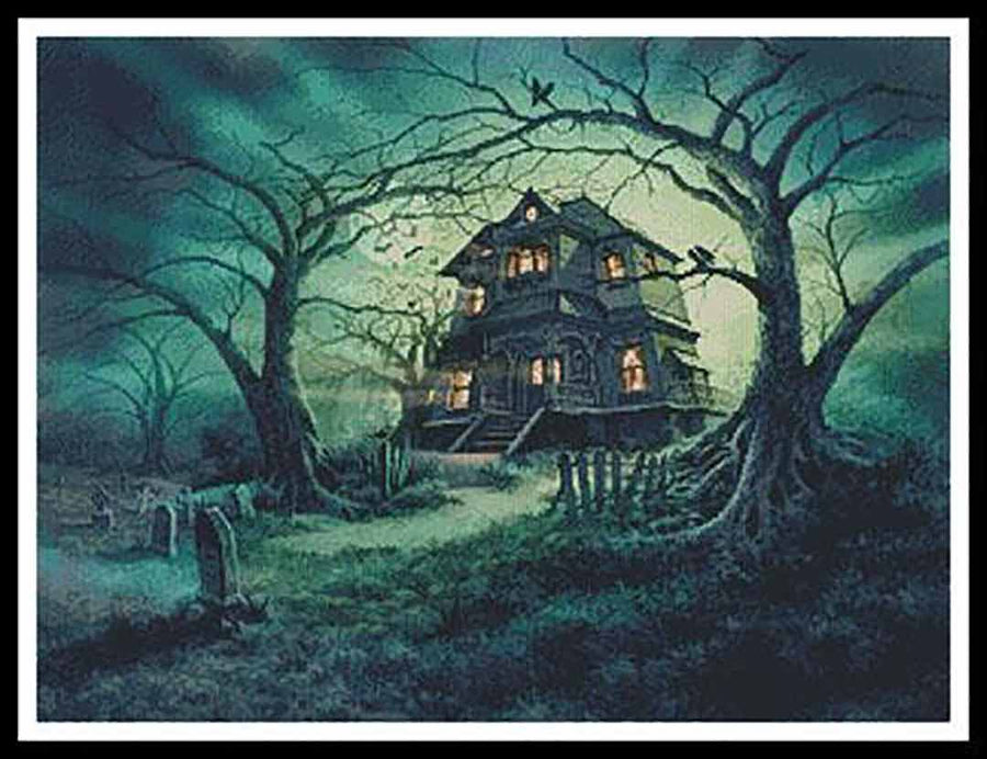 A stitched preview of the counted cross stitch pattern The Haunted House by Artecy Cross Stitch