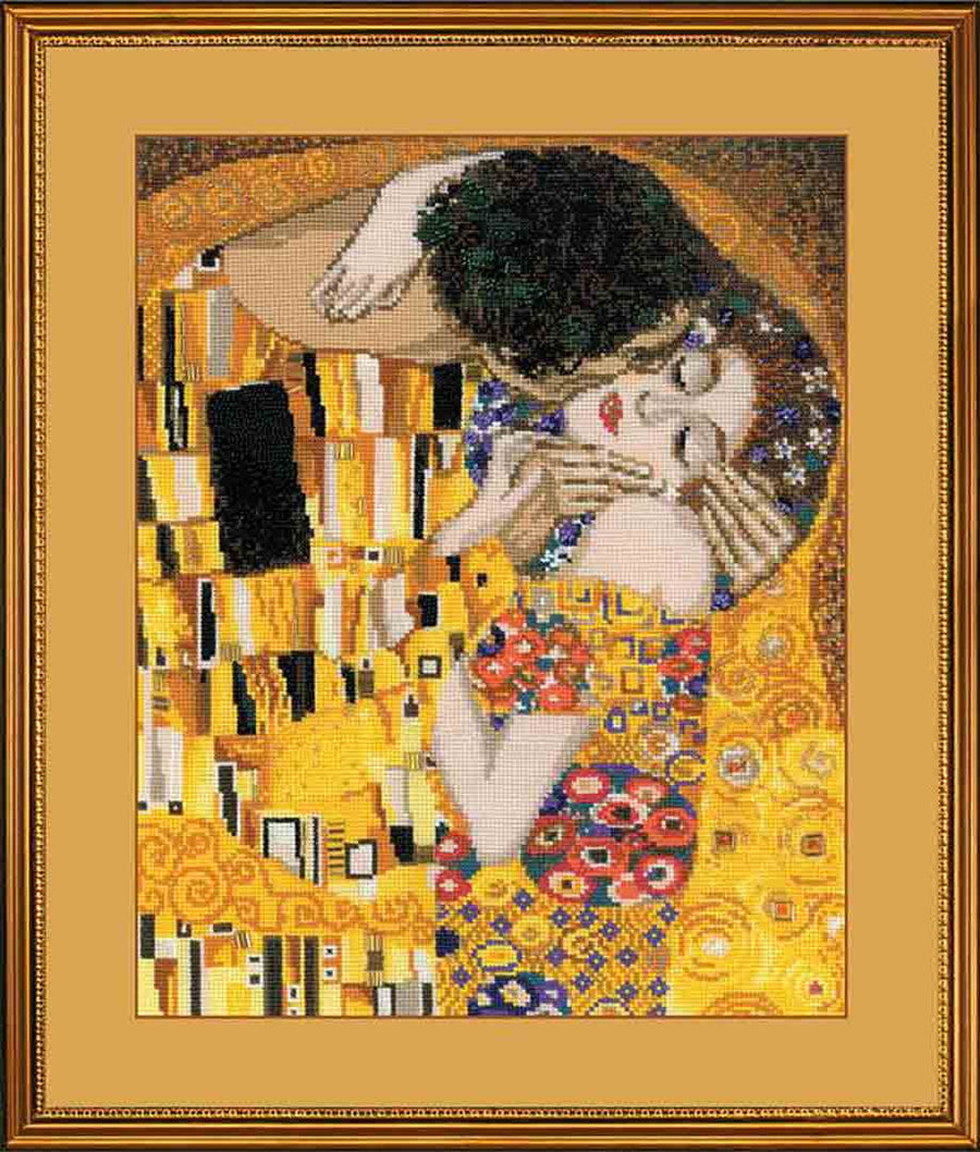 A stitched preview of The Kiss After G. Klimt's Painting Counted Cross Stitch Kit