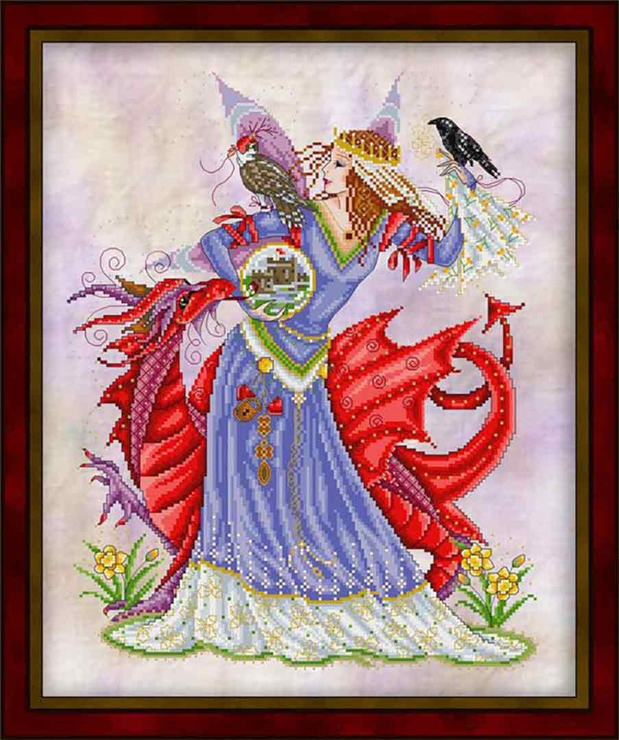 A stitched preview of the counted cross stitch pattern The Maiden & The Dragon by Joan A Elliott