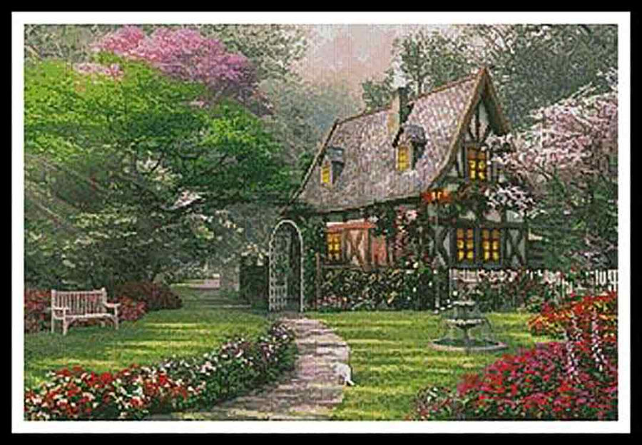 A stitched preview of the counted cross stitch pattern The Misty Lane Cottage by Artecy Cross Stitch