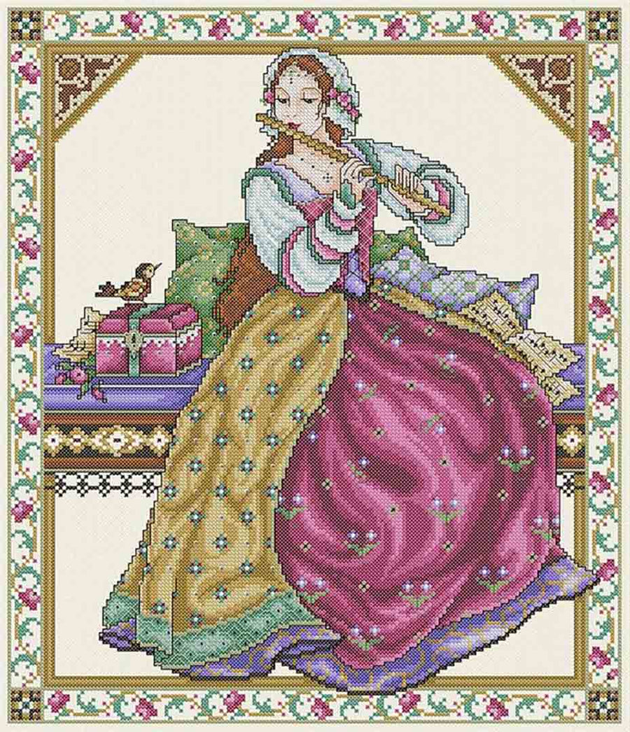 A stitched preview of the counted cross stitch pattern The Musician by Joan A Elliott