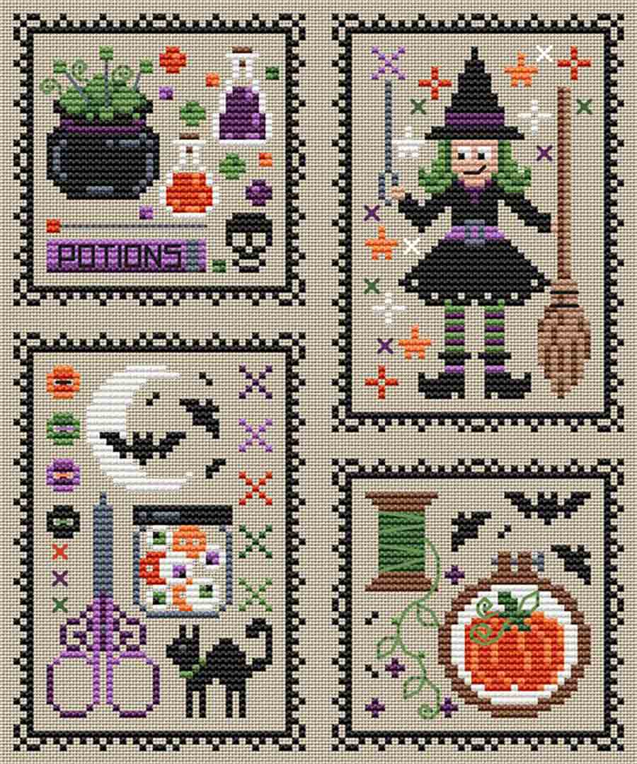 A stitched preview of the counted cross stitch pattern The Stitchy Witchy Smalls by Erin Elizabeth Designs