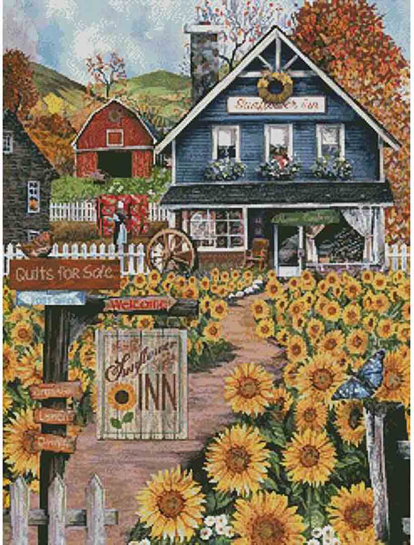 A stitched preview of the counted cross stitch pattern The Sunflower Inn by Artecy Cross Stitch
