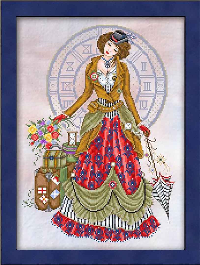 A stitched preview of the counted cross stitch pattern The Time Traveler by Joan A Elliott