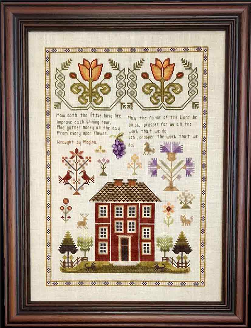 A stitched preview of the counted cross stitch pattern The Work Of Our Hands Sampler by Samplers and Primitives