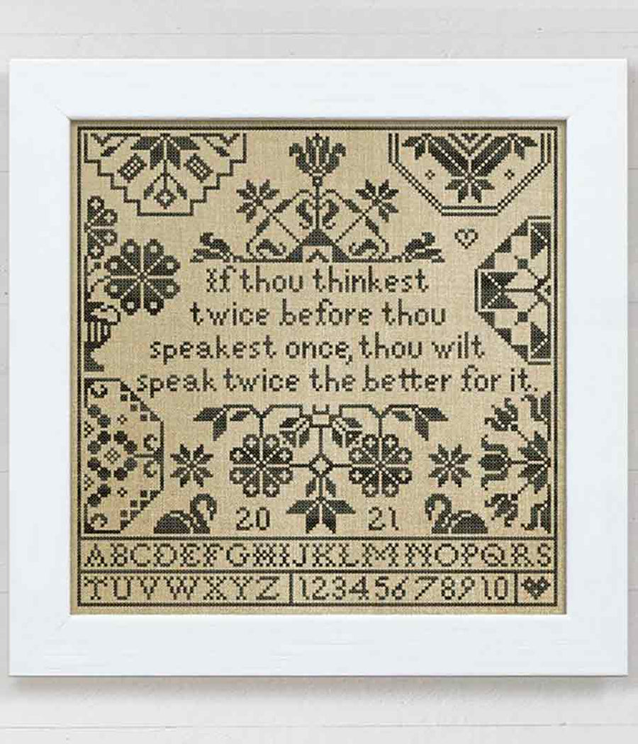 A stitched preview of the counted cross stitch pattern Think Twice by Modern Folk Embroidery
