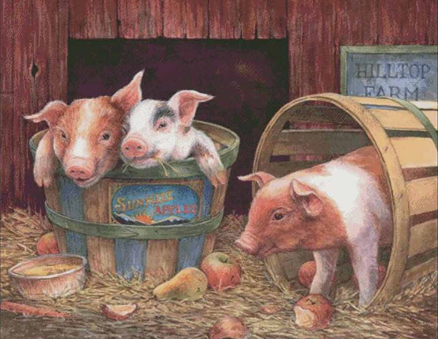 A stitched preview of the counted cross stitch pattern Three Pigs by Charting Creations