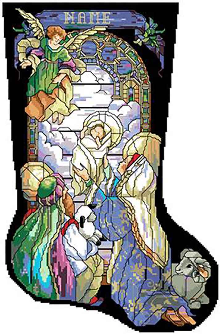 A stitched preview of the counted cross stitch pattern Tiffany Nativity Stocking by Kooler Design Studio
